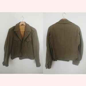 Vintage Wool Green Military Jacket Cropped Waist